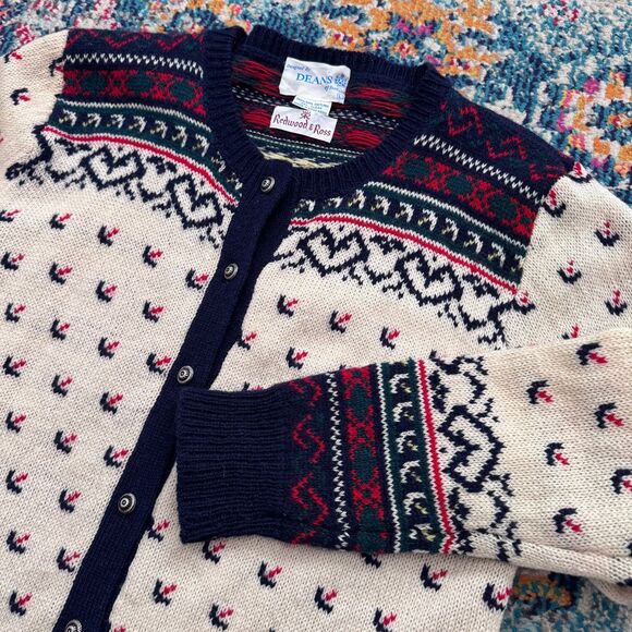 Vtg Redwood & Ross 100% Wool Shetland Heart Fair Isle Cardigan Sweater Sz L - Picture 1 of 7